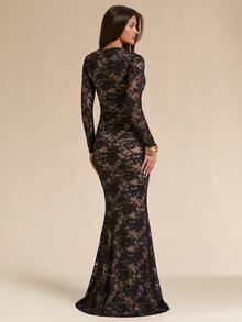 SHEIN BAE Women's Square Neck Lace Top And Lace Long Skirt Elegant Set - Black - View 2