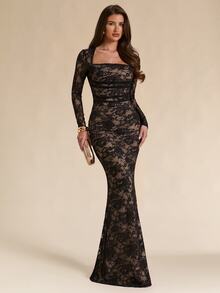 SHEIN BAE Women's Square Neck Lace Top And Lace Long Skirt Elegant Set - Black - View 6