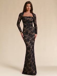 SHEIN BAE Women's Square Neck Lace Top And Lace Long Skirt Elegant Set - Black - View 3