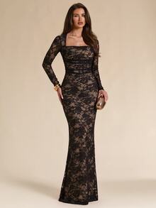 SHEIN BAE Women's Square Neck Lace Top And Lace Long Skirt Elegant Set - Black - View 7