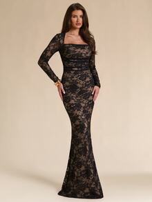 SHEIN BAE Women's Square Neck Lace Top And Lace Long Skirt Elegant Set - Black - View 5