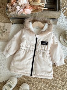 SHEIN 1件 幼兒女嬰可愛甜美淺粉色人造毛絨毛茸茸長袖連帽厚款羽絨外套 冬季秋季生日節日穿 - 杏色 - 查看 4