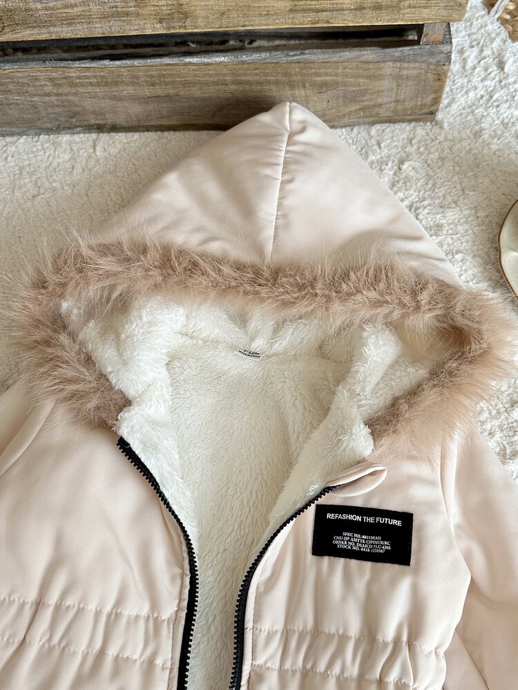 SHEIN 1pc Toddler Baby Girl Puffer Jacket Coat Cute Sweet Light Pink Faux Fur Fuzzy Long Sleeve Hooded Thick Birthday Winter Fall Holiday - Apricot - View 6