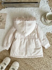 SHEIN 1件 幼兒女嬰可愛甜美淺粉色人造毛絨毛茸茸長袖連帽厚款羽絨外套 冬季秋季生日節日穿 - 杏色 - 查看 2