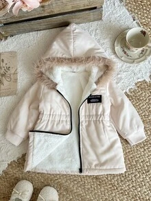 SHEIN 1件 幼兒女嬰可愛甜美淺粉色人造毛絨毛茸茸長袖連帽厚款羽絨外套 冬季秋季生日節日穿 - 杏色 - 查看 3