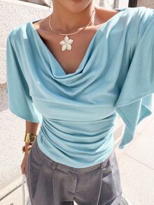 Siren Gaze Women's Elegant Solid Color Cowl Neck Waist-Cinching T-Shirt - Mint Blue - View 7