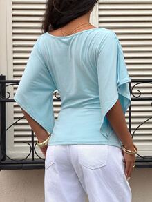 Siren Gaze Women's Elegant Solid Color Cowl Neck Waist-Cinching T-Shirt - Mint Blue - View 2