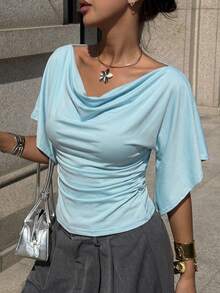 Siren Gaze Women's Elegant Solid Color Cowl Neck Waist-Cinching T-Shirt - Mint Blue - View 6