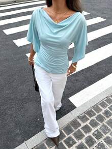 Siren Gaze Women's Elegant Solid Color Cowl Neck Waist-Cinching T-Shirt - Mint Blue - View 3