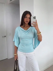Siren Gaze Women's Elegant Solid Color Cowl Neck Waist-Cinching T-Shirt - Mint Blue - View 1