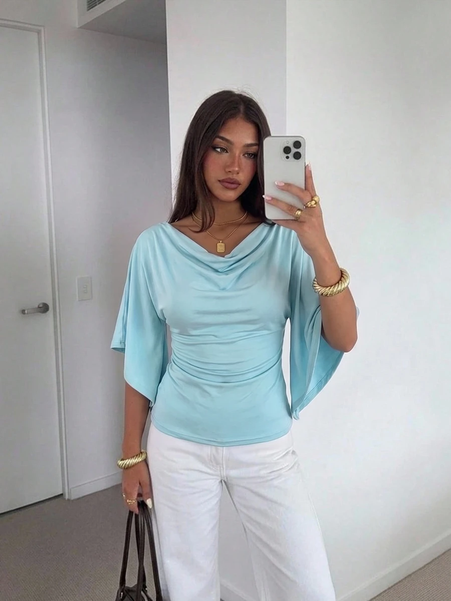 Siren Gaze Women's Elegant Solid Color Cowl Neck Waist-Cinching T-Shirt - Mint Blue - View 1