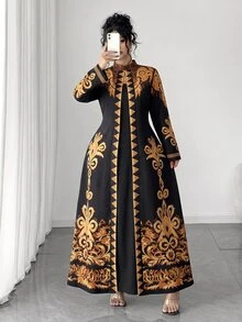Rometta 大尺碼女款復古浪漫黑金拼接印花長洋裝 顯瘦優雅 秋季通勤穿搭 正式晚宴禮服 萬聖節聖誕節適用 - 黑色 - 查看 16