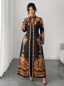 Rometta 大尺碼女款復古浪漫黑金拼接印花長洋裝 顯瘦優雅 秋季通勤穿搭 正式晚宴禮服 萬聖節聖誕節適用 - 黑色 - 查看 6
