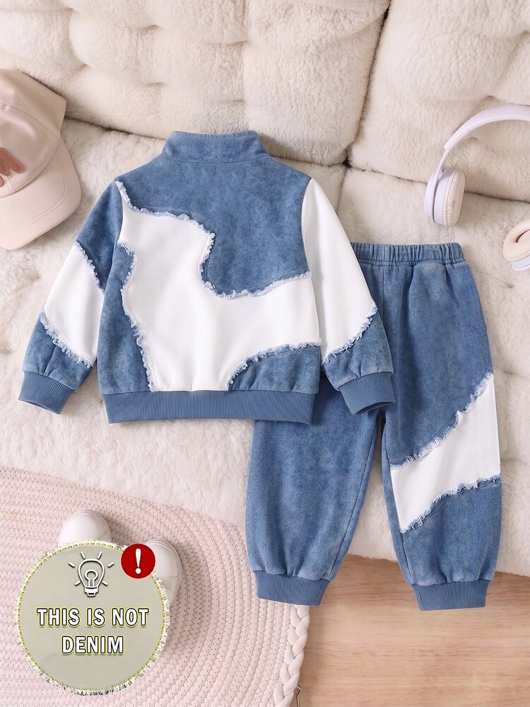 Young Boys Print Patchwork Quarter Zip Sweatshirt And Sweatpants 2 Pieces Outfit Set Birthday Beach White Fall - Multicolor - View 2