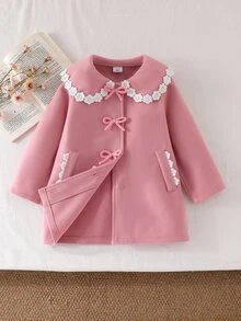 Elladie kids 幼女幼童羊毛開襟外套，時尚花卉蕾絲飾邊彼得潘領結飾，優雅可愛套裝婚禮賓客禮服，秋季穿搭 - 粉色 - 查看 11