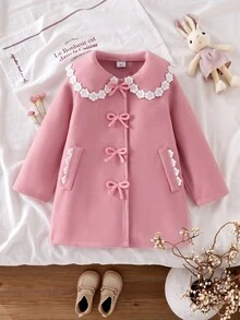 Elladie kids 幼女幼童羊毛開襟外套，時尚花卉蕾絲飾邊彼得潘領結飾，優雅可愛套裝婚禮賓客禮服，秋季穿搭 - 粉色 - 查看 7