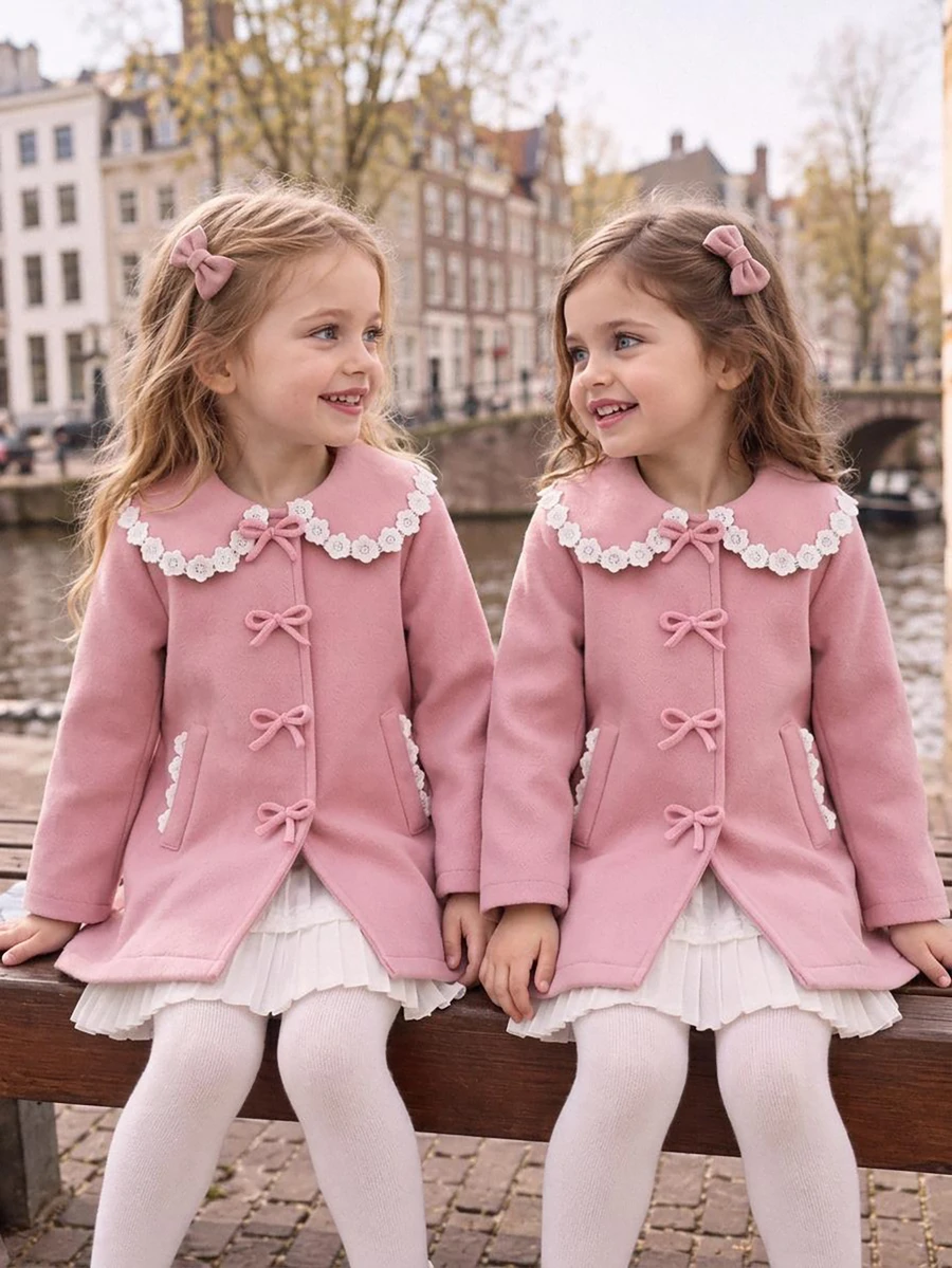 Elladie kids 幼女幼童羊毛開襟外套，時尚花卉蕾絲飾邊彼得潘領結飾，優雅可愛套裝婚禮賓客禮服，秋季穿搭 - 粉色 - 查看 1