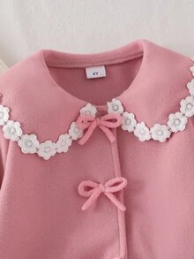 Elladie kids 幼女幼童羊毛開襟外套，時尚花卉蕾絲飾邊彼得潘領結飾，優雅可愛套裝婚禮賓客禮服，秋季穿搭 - 粉色 - 查看 10