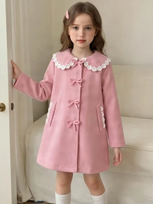 Elladie kids 幼女幼童羊毛開襟外套，時尚花卉蕾絲飾邊彼得潘領結飾，優雅可愛套裝婚禮賓客禮服，秋季穿搭 - 粉色 - 查看 5