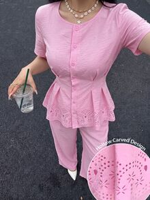 Modelyn 女款緹花短袖壓褶A字上衣與直筒褲兩件套，優雅浪漫，春夏季優雅商務休閒兩件套，極簡專業套裝，挺括面料，鏤空雕花設計，高腰寬腿褲，優雅極簡辦公穿搭，商務休閒 - 粉色 - 查看 8