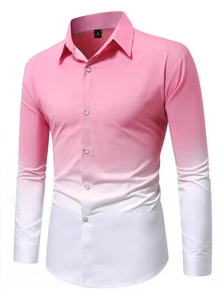 Manfinity Homme 男士休閒漸層前扣長袖襯衫，秋季，正式，儀式 - 淺粉色 - 查看 4