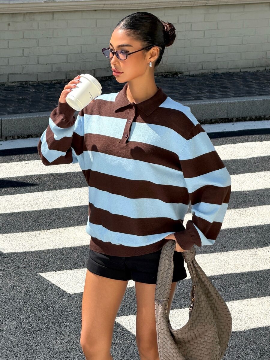 SHEIN EZwear Women's Vintage Fashion Button Half-Placket Long Sleeve Striped Sweater