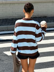 SHEIN EZwear Women's Vintage Fashion Button Half-Placket Long Sleeve Striped Sweater - Multicolor - View 3