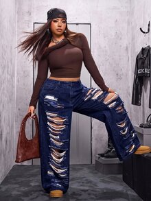 Flirla 大尺碼女款休閒日常牛仔褲，附口袋、鈕扣與破洞設計 - 藍色 - 查看 5