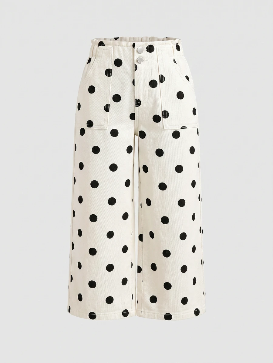 Baby Girl Polka Dot Apricot Denim Loose Long Pants - Apricot - View 1