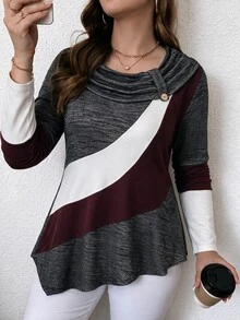 Lacomfia Women's Plus Size Long Sleeve Colorblock Asymmetrical Hem Ruched Neck T-Shirt, Versatile Warm Casual Home Daily Wear For Autumn/Winter - Multicolor - View 3