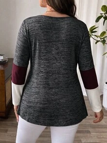 Lacomfia Women's Plus Size Long Sleeve Colorblock Asymmetrical Hem Ruched Neck T-Shirt, Versatile Warm Casual Home Daily Wear For Autumn/Winter - Multicolor - View 2