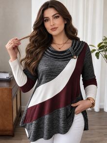 Lacomfia Women's Plus Size Long Sleeve Colorblock Asymmetrical Hem Ruched Neck T-Shirt, Versatile Warm Casual Home Daily Wear For Autumn/Winter - Multicolor - View 1