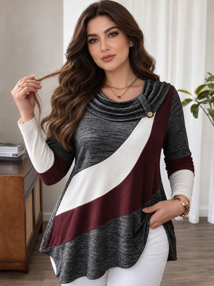 Lacomfia Women's Plus Size Long Sleeve Colorblock Asymmetrical Hem Ruched Neck T-Shirt, Versatile Warm Casual Home Daily Wear For Autumn/Winter - Multicolor - View 1