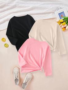 SHEIN 3件組少女時尚可愛清新獨角獸彩色字母圖案印花基本款長袖T恤套裝 - 彩色 - 查看 2