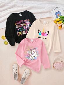 SHEIN 3件組少女時尚可愛清新獨角獸彩色字母圖案印花基本款長袖T恤套裝 - 彩色 - 查看 7