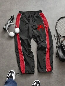 Sport MetroGents Men's Spider Pattern Print Striped Drawstring Waist Sports Long Pants, Gym - Multicolor - View 5
