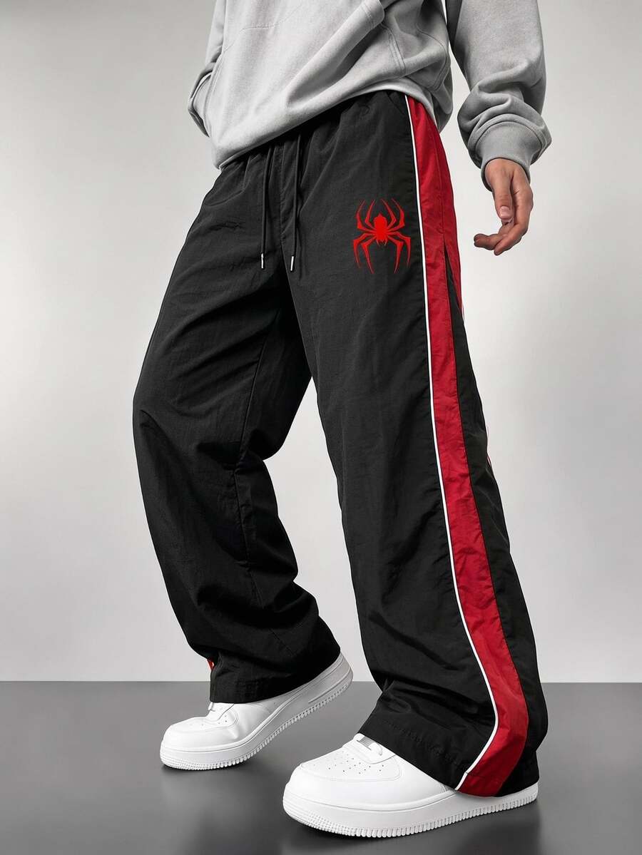 Sport MetroGents Men's Spider Pattern Print Striped Drawstring Waist Sports Long Pants, Gym - Multicolor - View 1