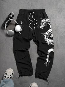 Sport MetroGents Men's Japanese Dragon Print Drawstring Waist Pocket Loose Fit Sweatpants Sweat Pants - Black - View 5
