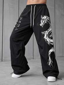 Sport MetroGents Men's Japanese Dragon Print Drawstring Waist Pocket Loose Fit Sweatpants Sweat Pants - Black - View 1