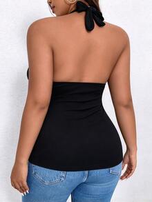 Elenzga Camiseta Sin Mangas Con Cuello Halter De Color Sólido De Talla Grande Para Mujer - Negro - Ver 2