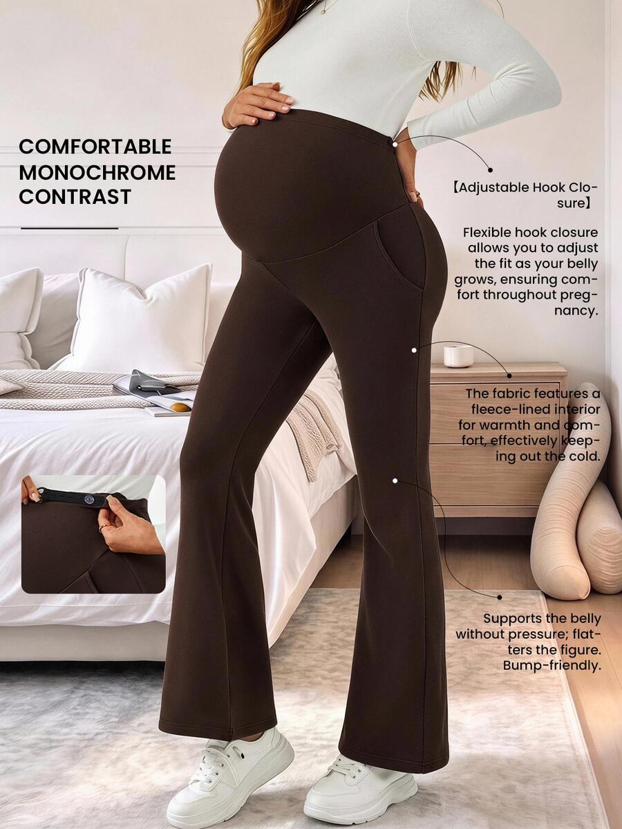 Modmama Maternity Solid Color Adjustable Waist Casual Flare Pants - Brown - View 1