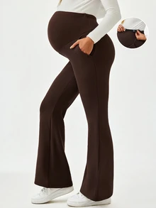 Modmama Maternity Solid Color Adjustable Waist Casual Flare Pants - Brown - View 2
