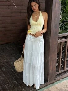 Sunnyshic 夏季時尚設計法式優雅溫柔度假海灘白色百搭休閒多層荷葉邊蛋糕女款長裙 - 白色 - 查看 1