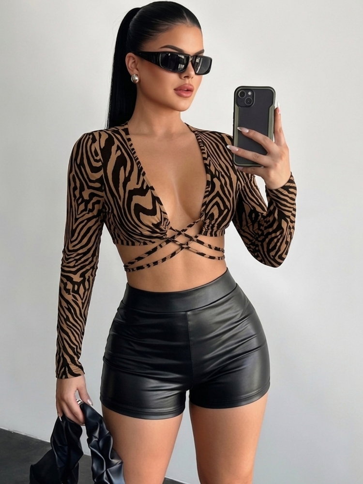 SHEIN SXY Women's Random Print Simple Daily Long Sleeve Top - Brown - View 1