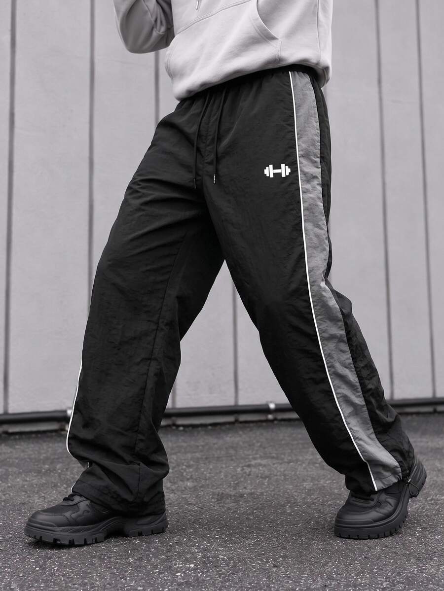 GymRaken Men's Casual Comfortable Sports Patchwork Design Small Print Straight Leg Drawstring Pants, Suitable For All Seasons, Gym - Black - View 1