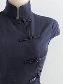Elamini 黑色纯棉立领短袖修身侧开衩衬衫，新款中国风复古时尚通勤优雅校园休闲百搭春夏款 - 藏蓝色 - 查看 6