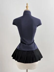 Elamini 黑色纯棉立领短袖修身侧开衩衬衫，新款中国风复古时尚通勤优雅校园休闲百搭春夏款 - 藏蓝色 - 查看 2