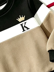 嬰兒幼兒男童時尚 K Crown 黑白卡其三色拼接條紋休閒牛仔風簡約圓領衛衣運動褲套裝 - 彩色 - 查看 4