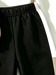嬰兒幼兒男童時尚 K Crown 黑白卡其三色拼接條紋休閒牛仔風簡約圓領衛衣運動褲套裝 - 彩色 - 查看 3
