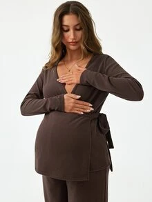 Modmama Maternity Nursing Solid Color Side Knot Long Sleeve T-Shirt And Adjustable Waist Long Pants Casual 2 Pieces Set Fall Ladies Winter Housecoat - Brown - View 9